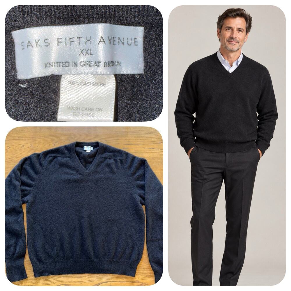 Saks Fifth Avenue Mens XXL Black 100% Cashmere V Neck Sweater Made Great Britain